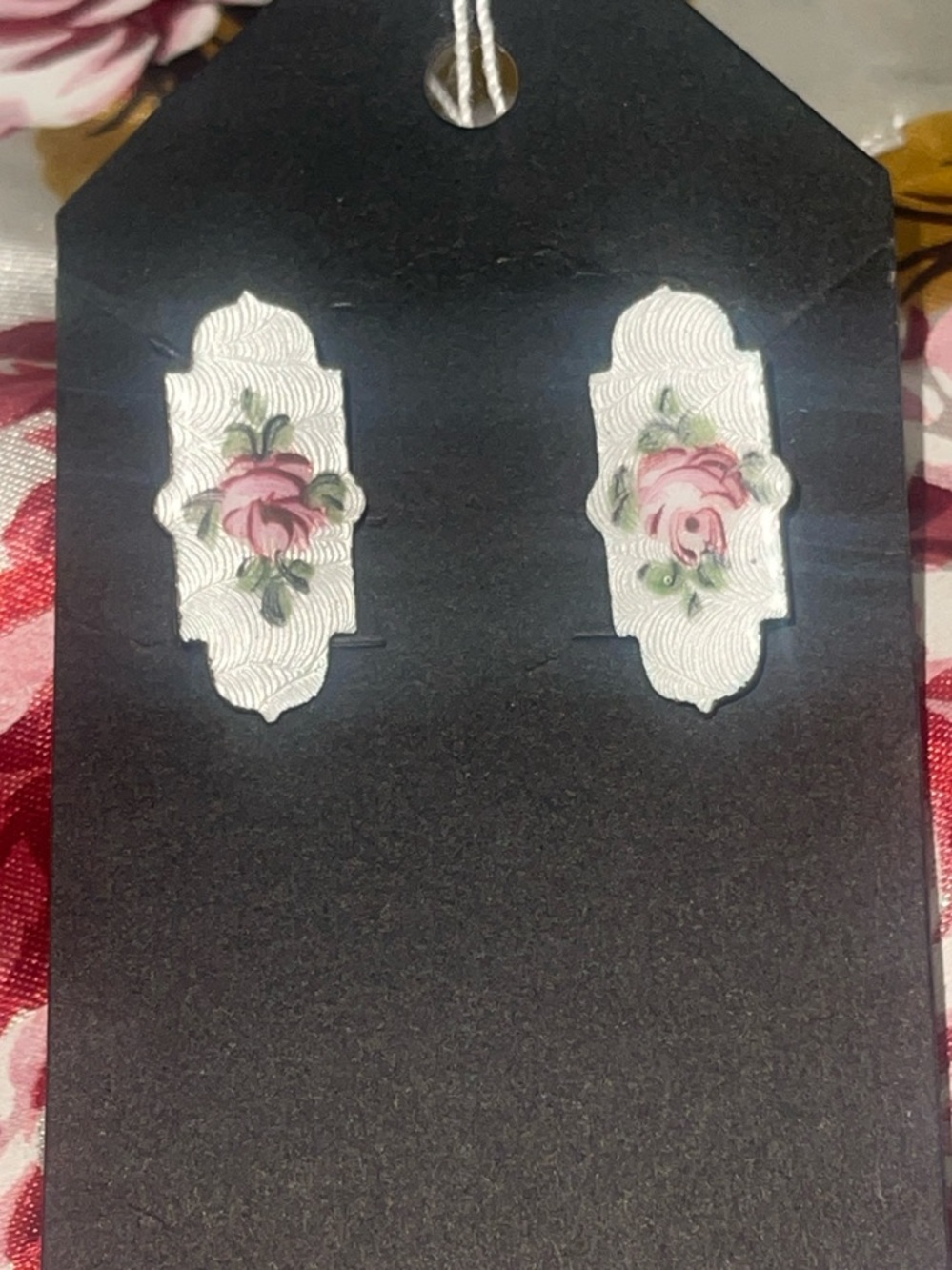 Swedish Sterling Silver Guillochs Enamel Rose Earrings Screw back
